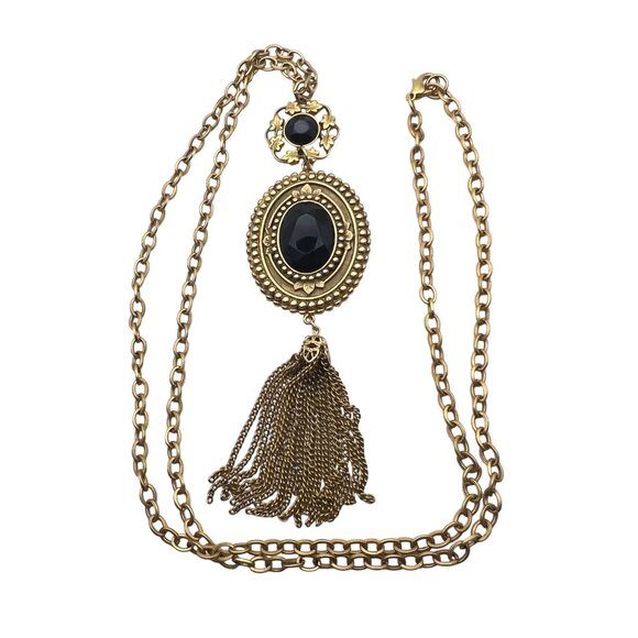Jewelry - Gold Tone Victorian Revival Necklace Black Glass Medallions Tassel Pendant 36"